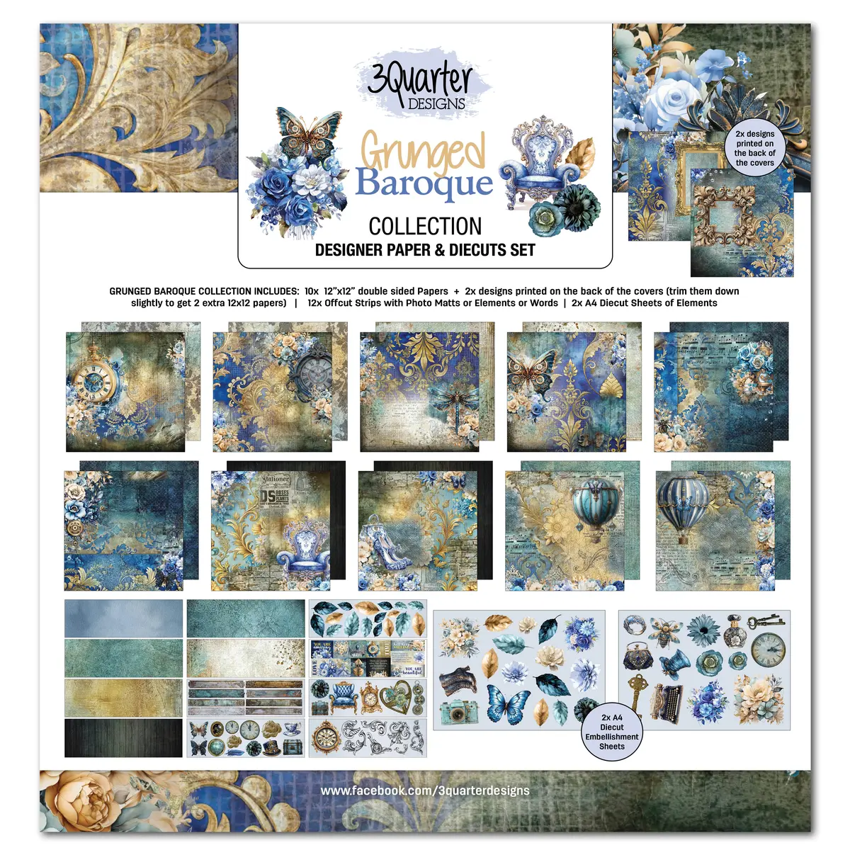 3Quarter Designs Grunged Baroque 12X12 Design Paper & Diecuts Set 1
