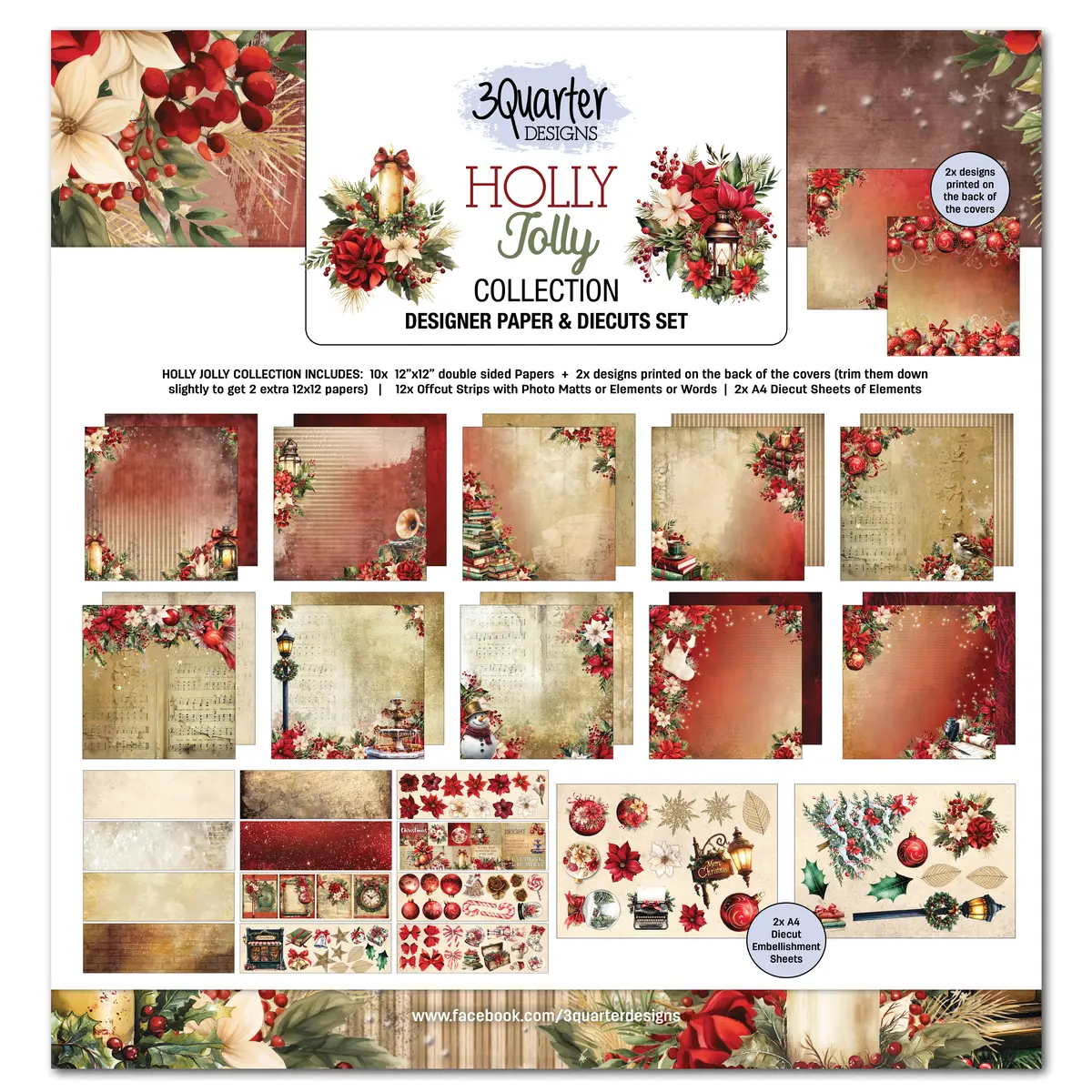 3Quarter Designs Holly Jolly 12X12 Design Paper & Diecuts Set 1