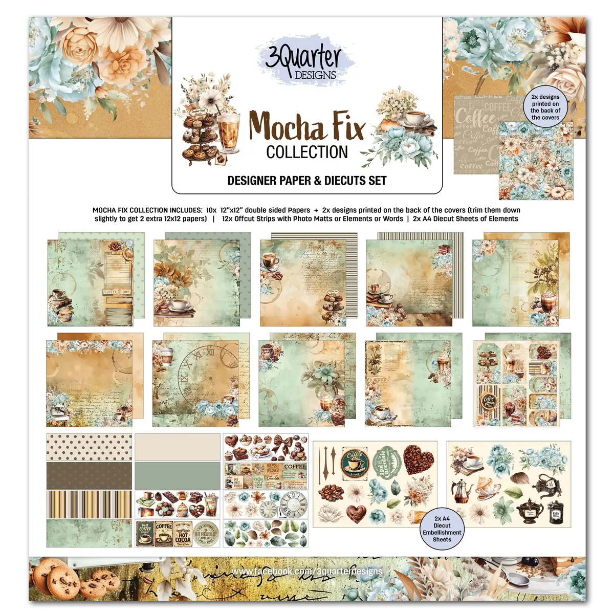 3Quarter Designs Mocha Fix 12X12 Design Paper & Diecuts Set 1