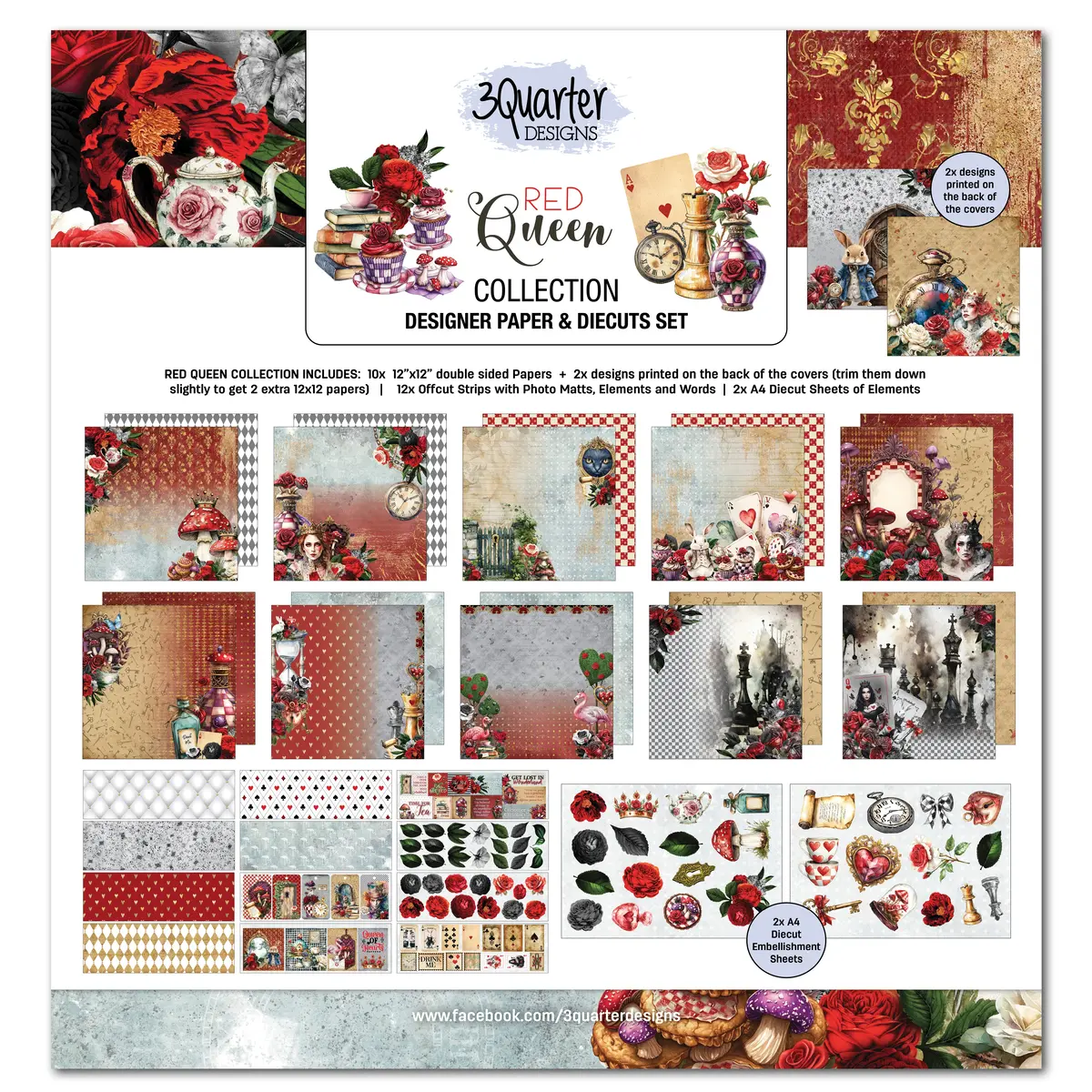 3Quarter Designs Red Queen 12X12 Design Paper & Diecuts Set 1