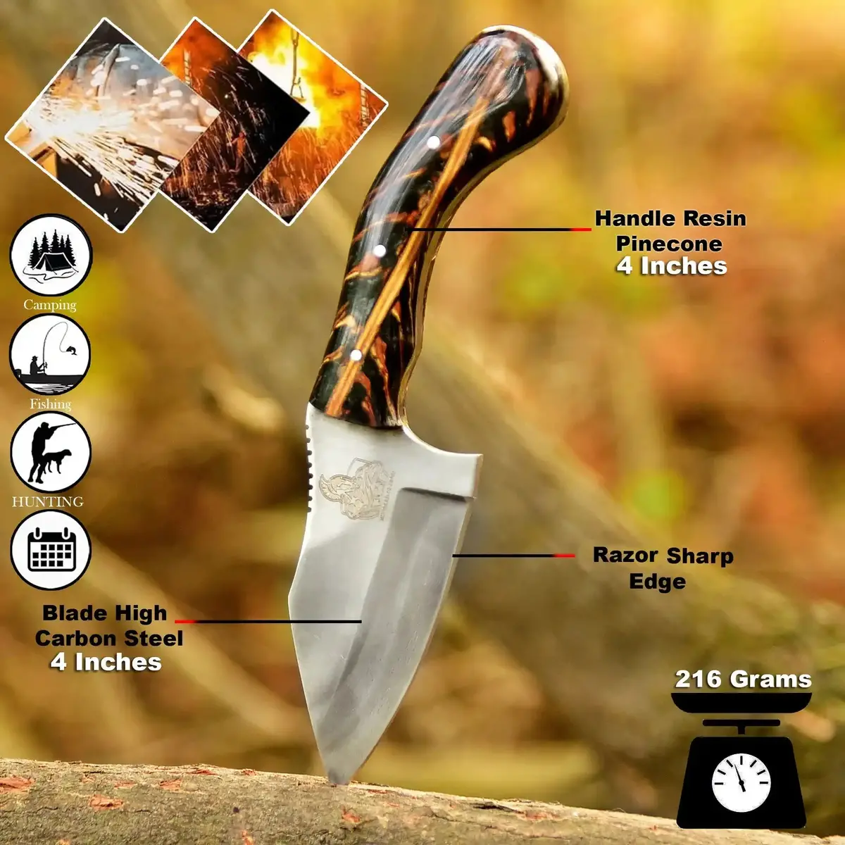 Acid Washed Stainless Steel Hunting Knife – Pinecone Handle | Outdoor & Camping Knife 1