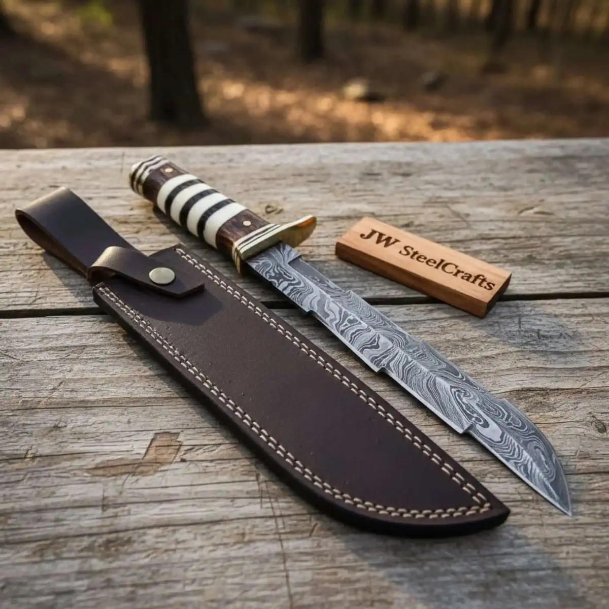 American Clip Point Bowie Knife Damascus Steel Stacked Bone Wood Handle Jw Steelcrafts 1
