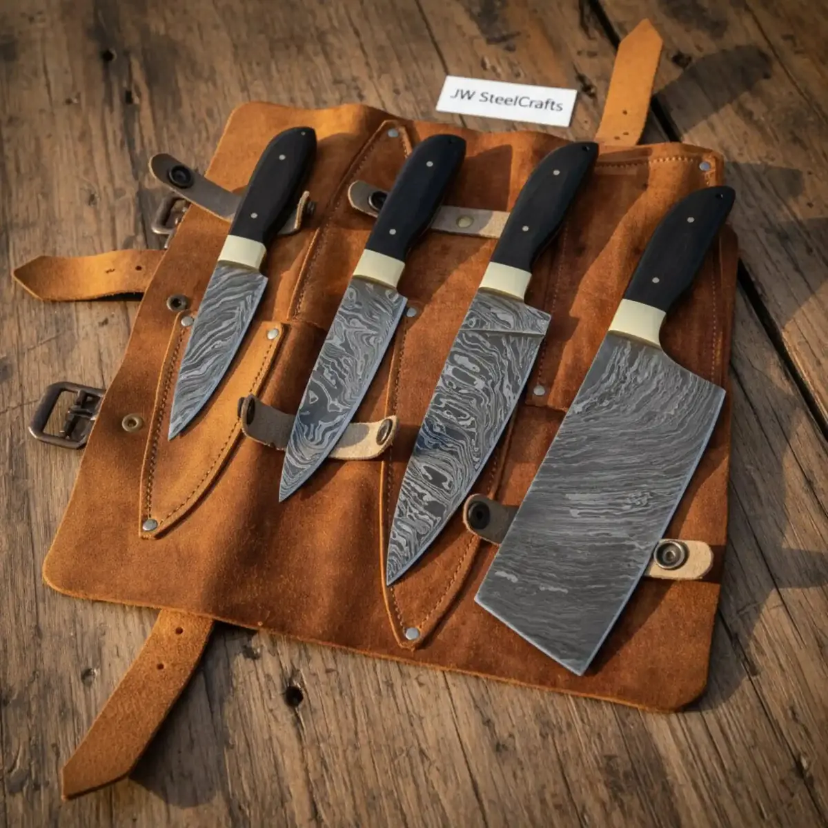 Artisan 4-Piece Damascus Fire Pattern Chef Knife Set — Full-Tang, Black Resin Handles, Brass Bolster 1
