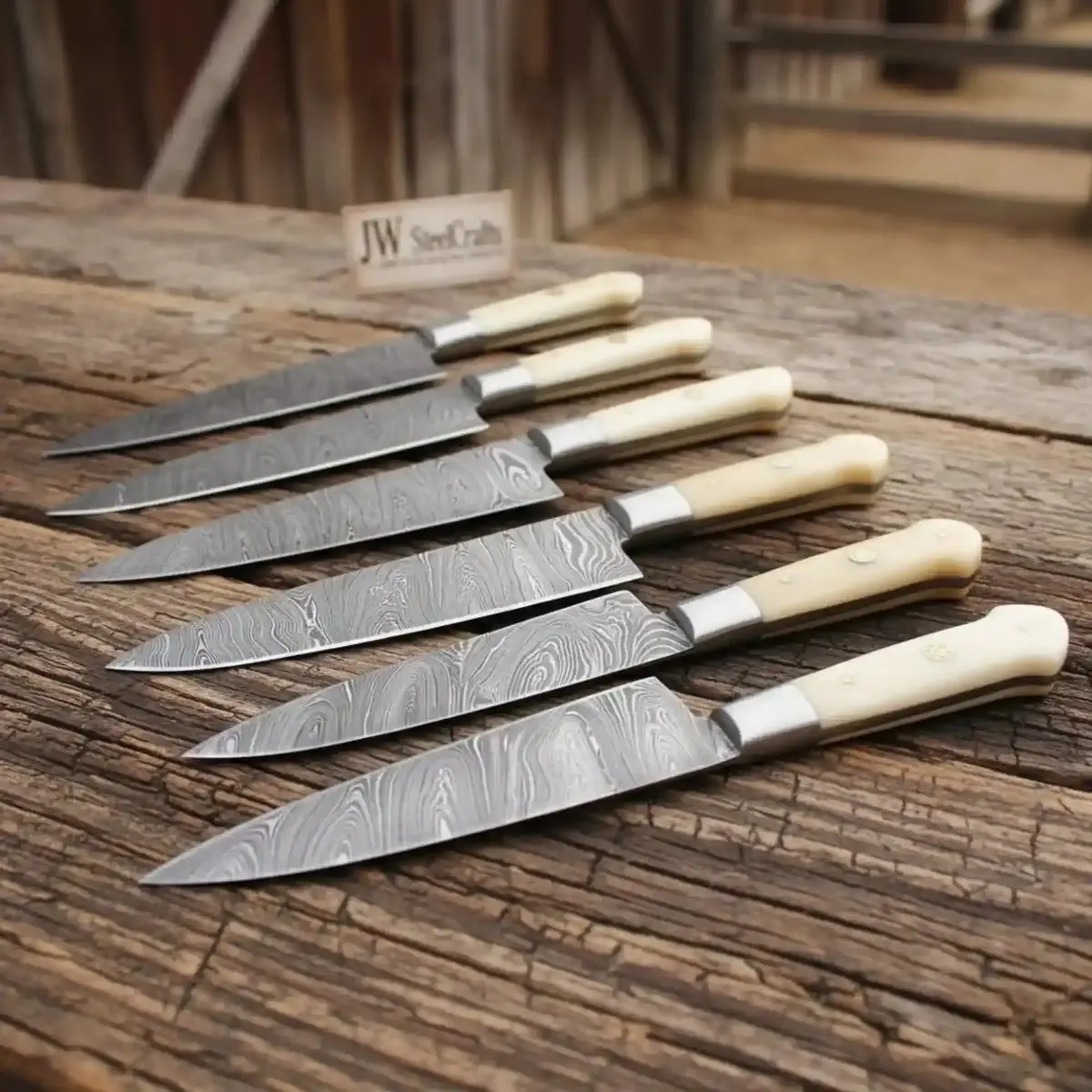 Artisan 6-Piece Damascus Steak Knife Set — Full Tang, Steel Bolsters, Camel Wood Handles 1