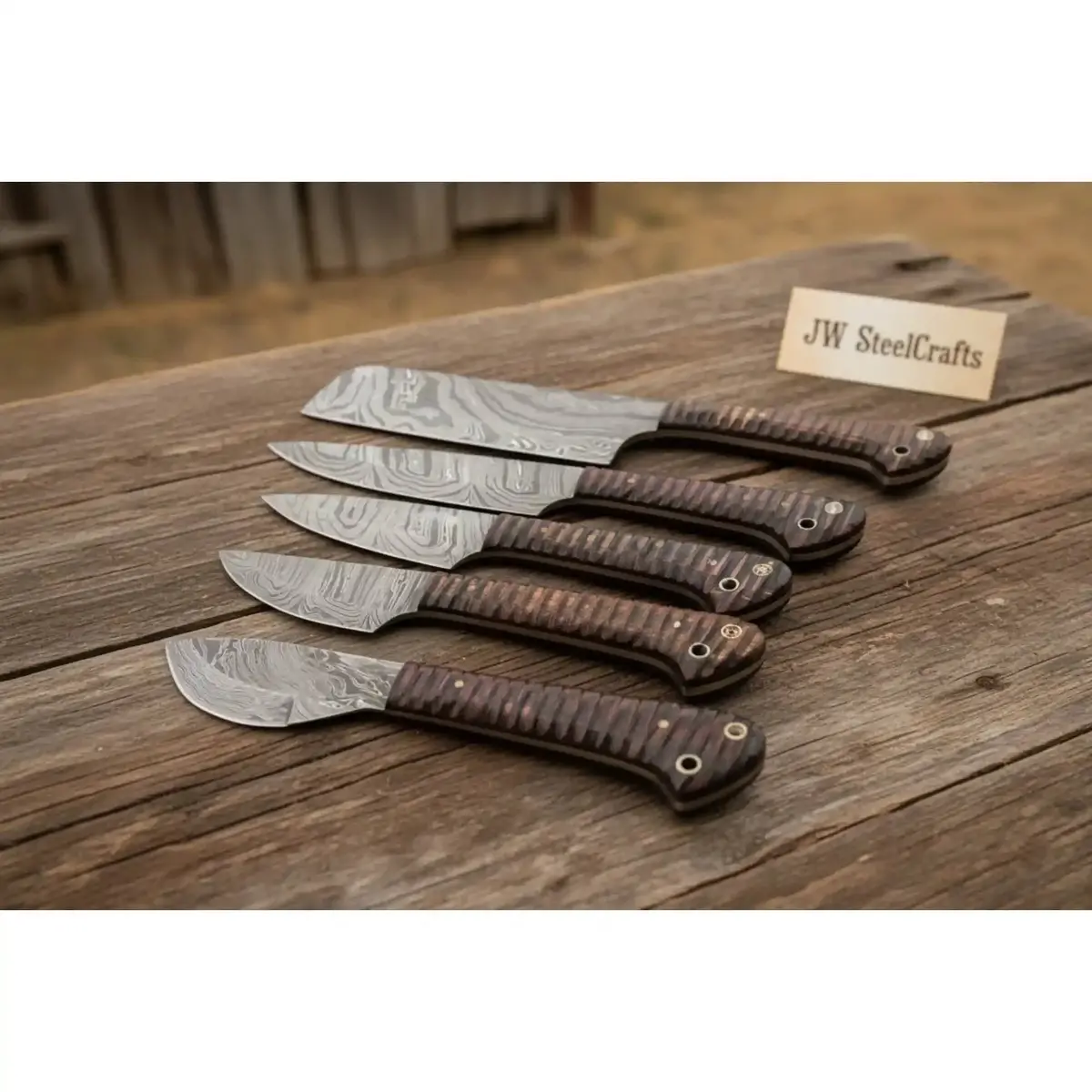 Artisan Damascus Kitchen Knife Collection With Textured Wood Handles 1