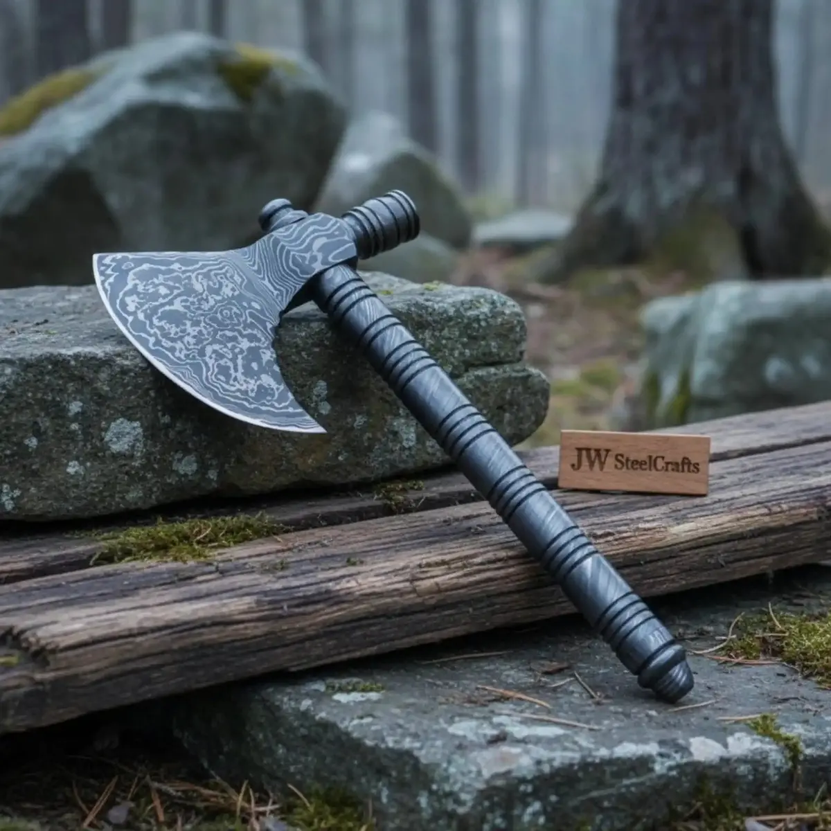 Artisan Damascus Smoking Axe – Functional Tobacco Pipe With Sculpted Hardwood Shaft 1