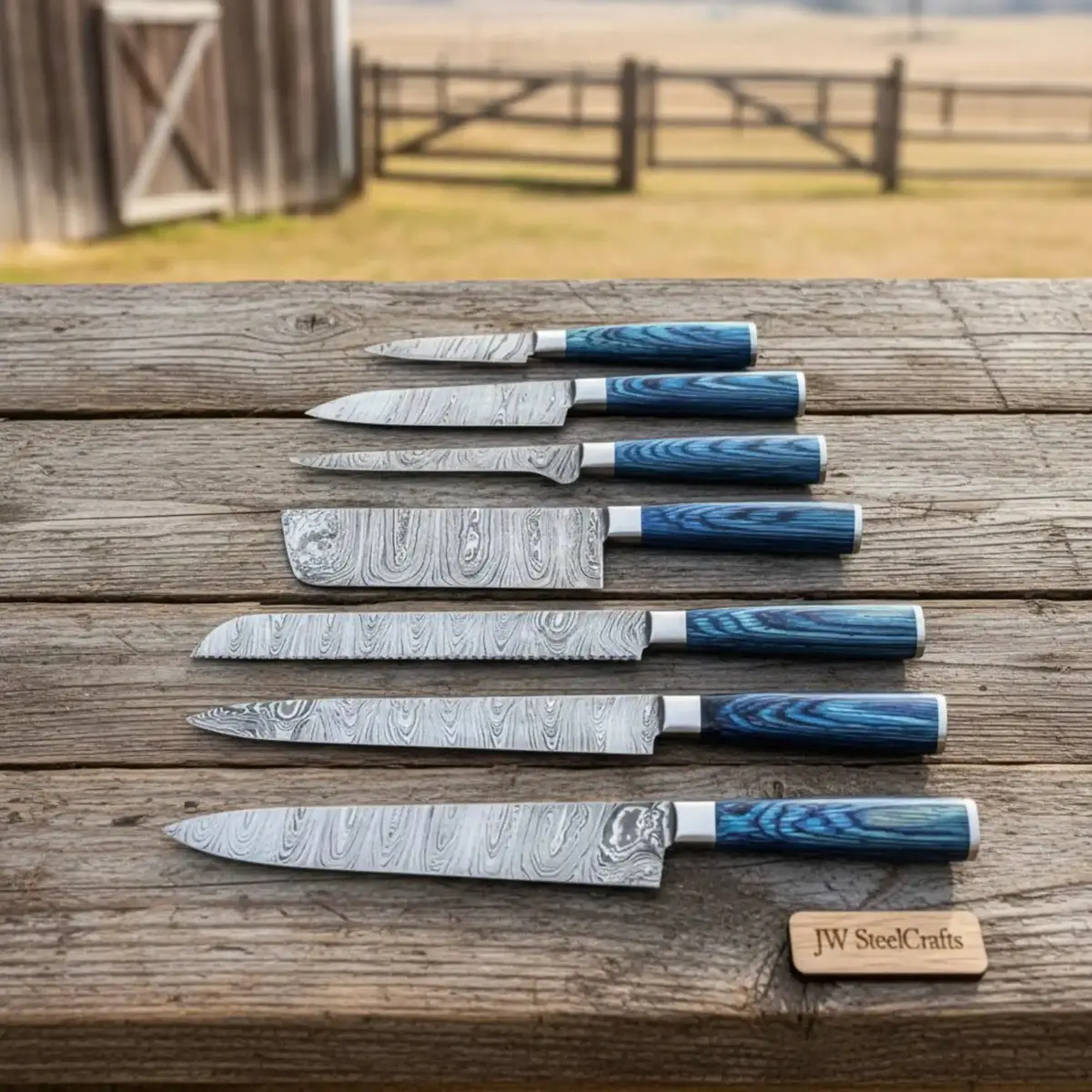 Artisan Damascus Specialty Chef Set — Sujihiki Carver, Nakiri Cleaver & Bunka/Petty Trio Collection 1