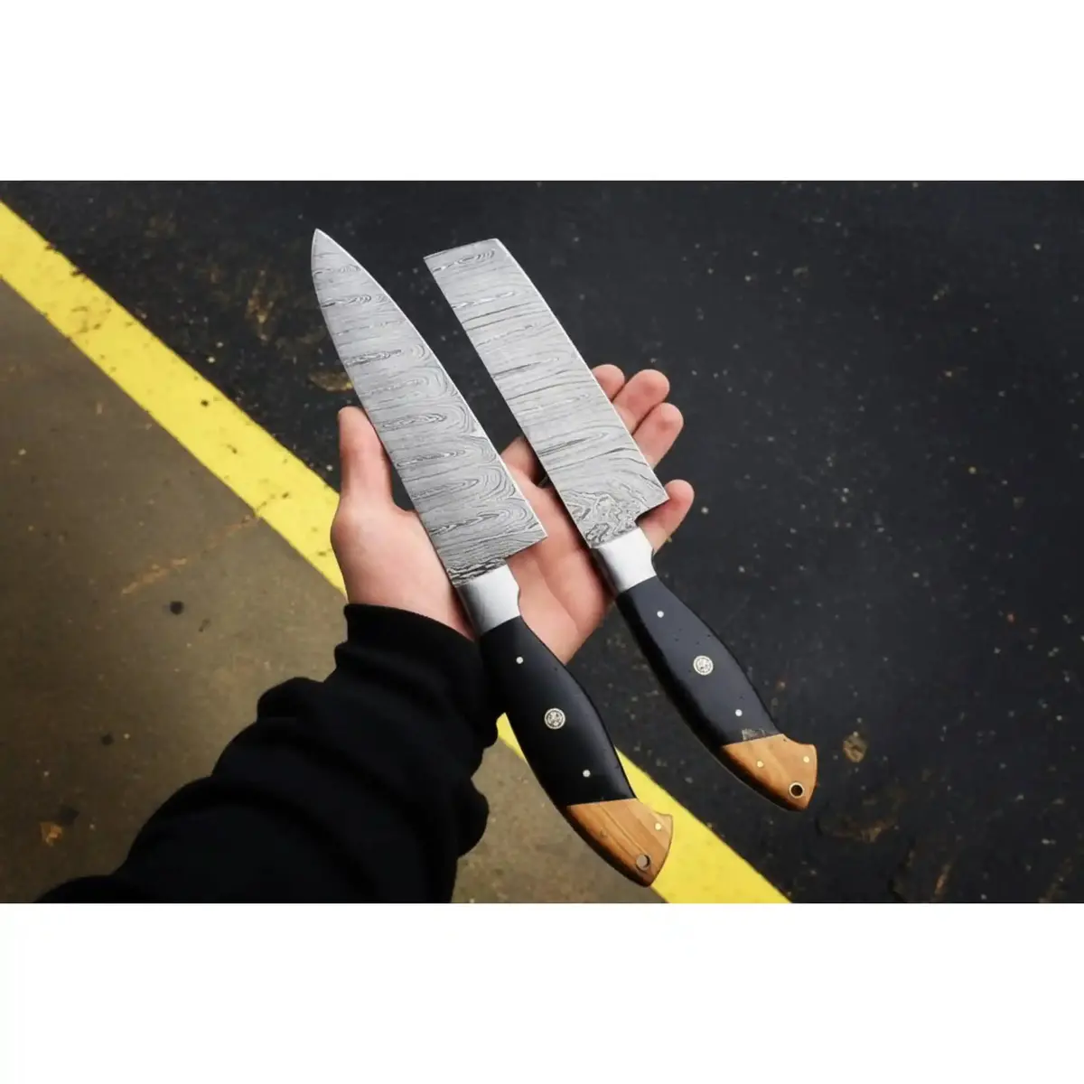 Japanese Kitchen Knives Pair — Pattern-Welded Damascus Gyuto & Straight-Edge Nakiri 1