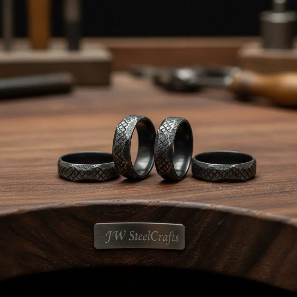 Black Damascus Steel Wedding Ring Hand Filed Texture Band 1