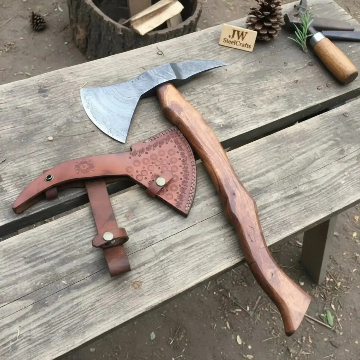 Camping Axe Damascus Steel 20 Inch Rosewood Handle With Leather Sheath 1