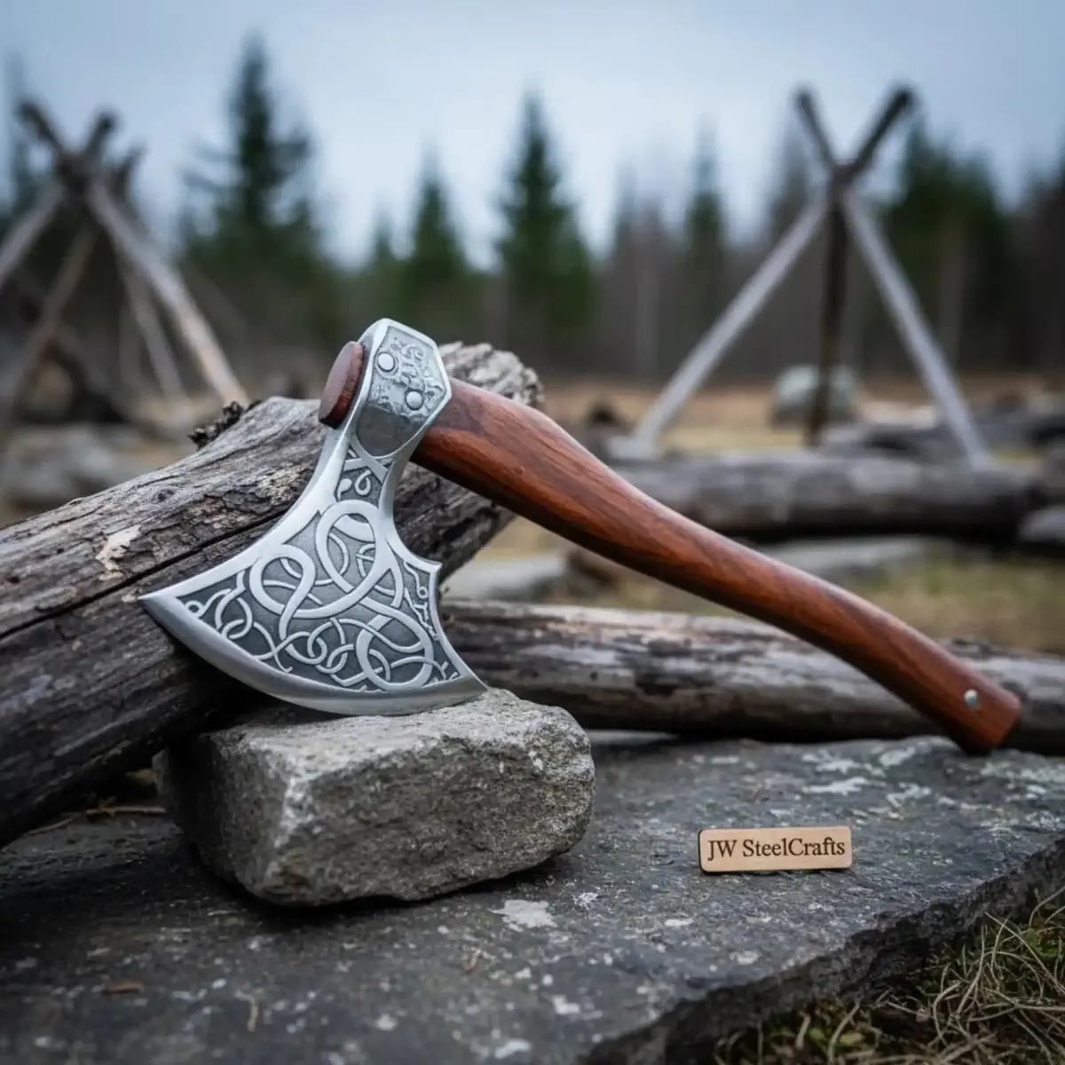 Carbon Steel Viking Bearded Axe – Hand Engraved Norse Skeggøx With Hardwood Handle, Functional Bushcraft And Camping Hatchet | Jw Steelcrafts 1