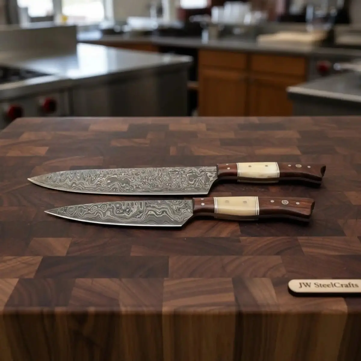 Carving Knife And Utility Knife Set, Handmade Raindrop Damascus Steel Blades, Rosewood And Bone Handle, Full Tang Kitchen Knife Set, Jw Steelcrafts 1