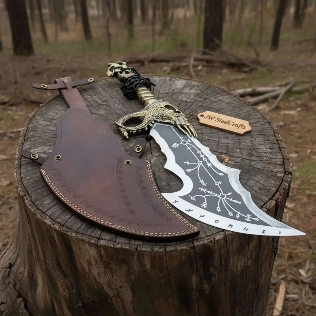 Chaos Inspired Recurve Bowie Knife With Rune Engraving And Dragon Guard 1