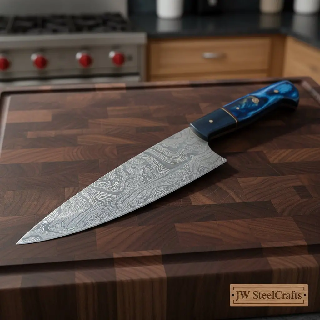 Chef Knife, Raindrop Pattern Damascus Steel Blade, Blue Resin And Black Wood Handle, Full Tang Professional Kitchen Knife, Jw Steelcrafts 1