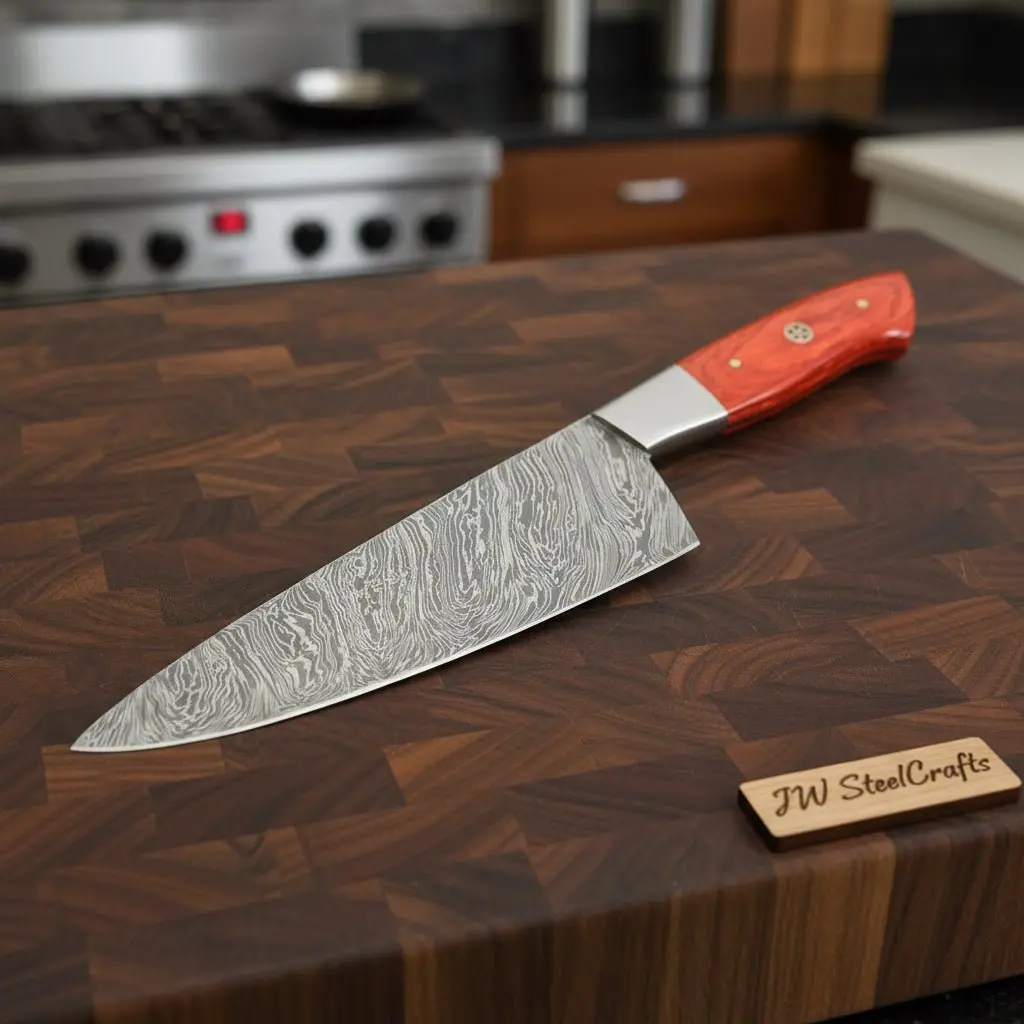 Damascus Steel Chef Knife, Orange Dyed Wood Handle, Full Tang Blade By Jw Steelcrafts 1