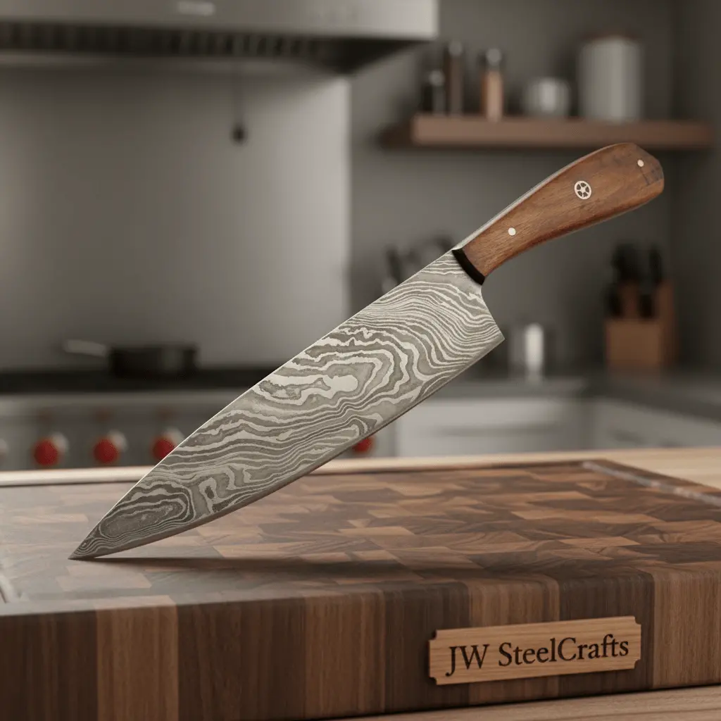 Chef Knife, Twist Pattern Damascus Steel Blade, Walnut Wood Handle With Mosaic Pin, Full Tang Professional Kitchen Knife, Jw Steelcrafts 1