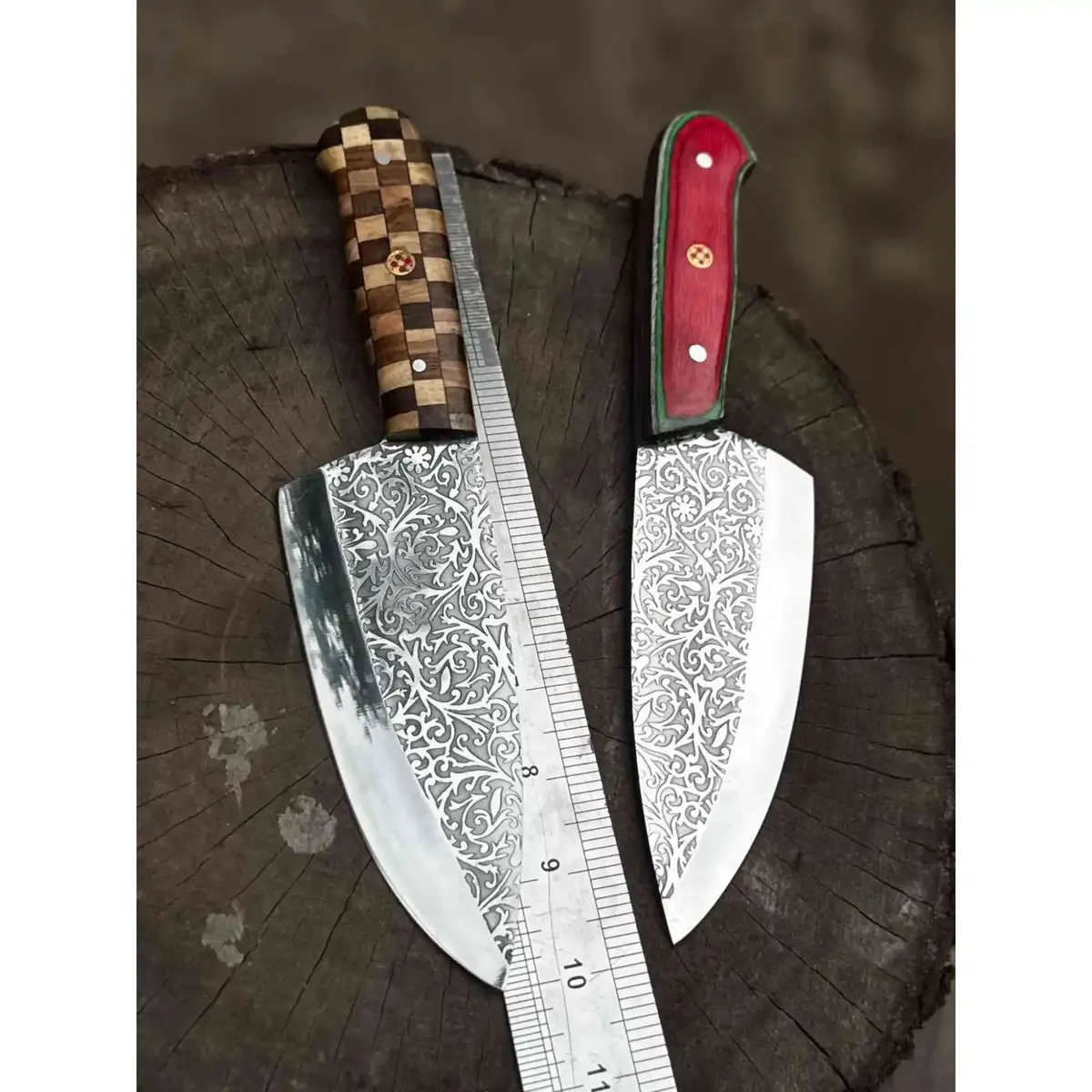 Chef Knife With Acid-Etched Blade – Red Micarta Or Checker Wood Handle 1