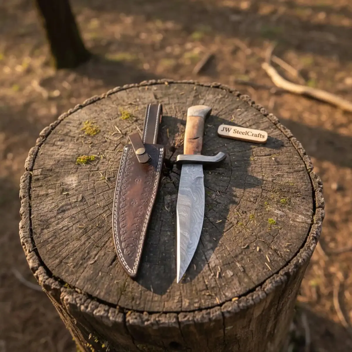 Classic Jim Bowie Style Damascus Steel Bowie Knife, Hand Forged Clip Point Blade, Damascus Guard, Walnut Wood Handle, Full Tang Fixed Blade With Leather Sheath By Jw Steelcrafts 1