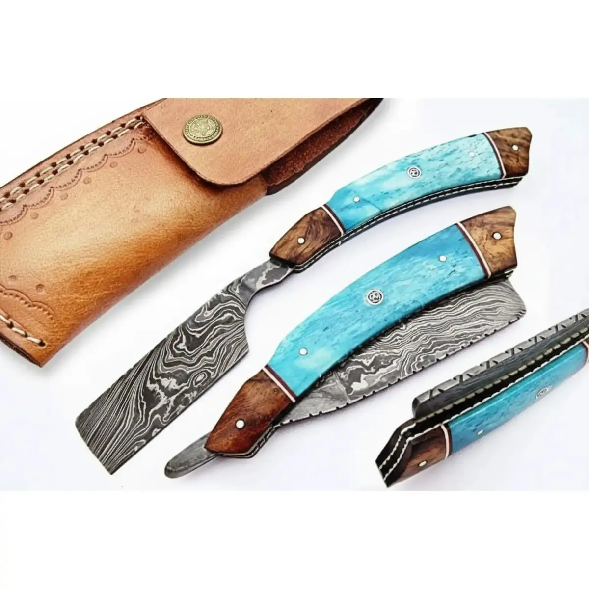 Classic Western Damascus Straight Barber Razor With Blue Bone And Rosewood Handle 1