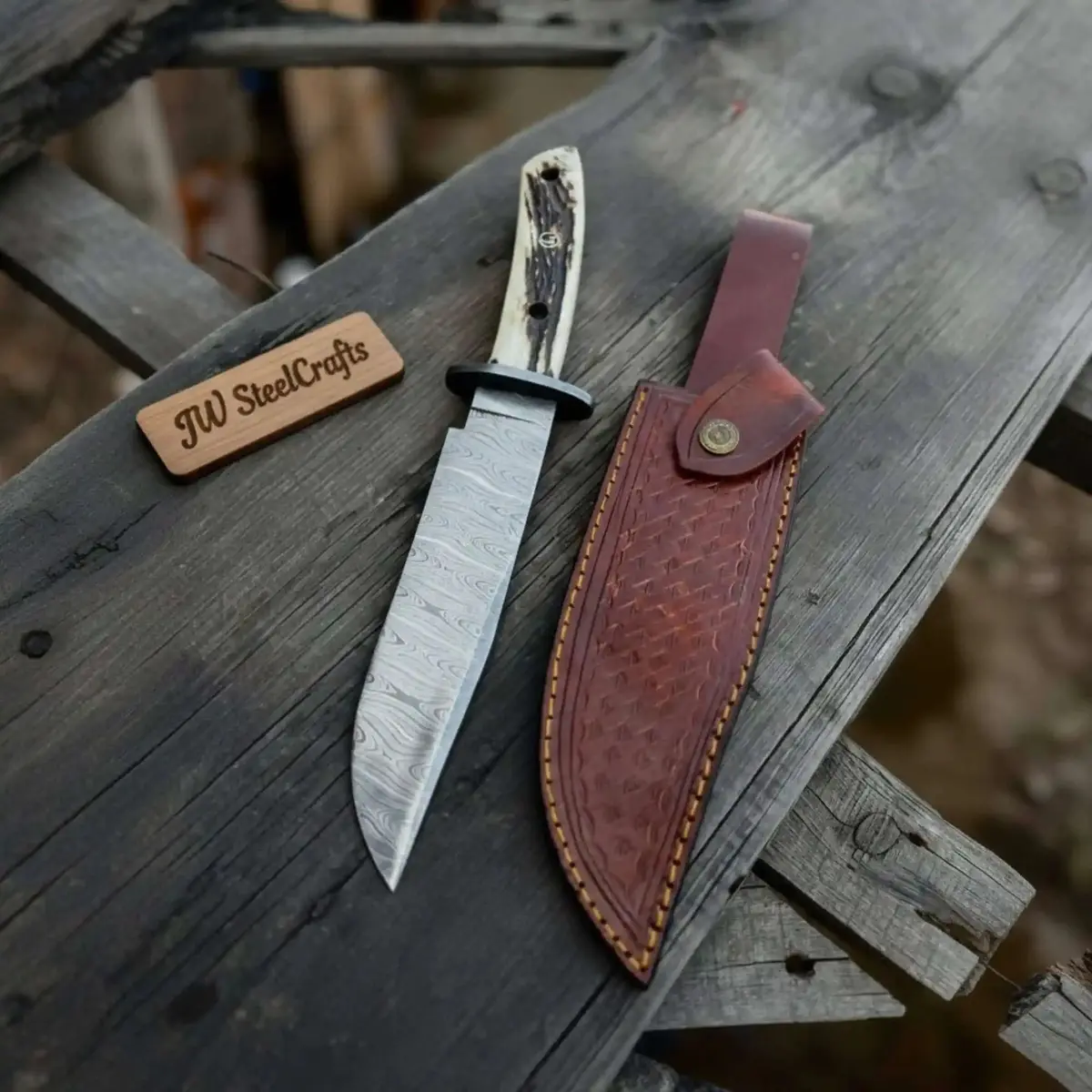 Clip Point Bowie Knife, Hand Forged Damascus Steel Blade, Antler Handle, Classic American Bowie With Leather Sheath 1