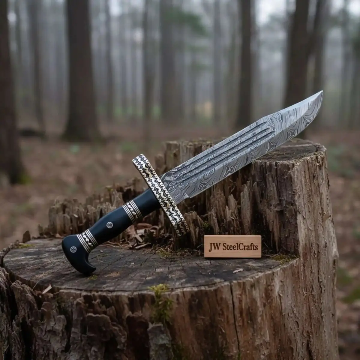 Coffin Handle Bowie Knife, Clip Point Damascus Blade, Hand Engraved Western Frontier Bowie, Custom Handmade Knife Jw Steelcrafts 1