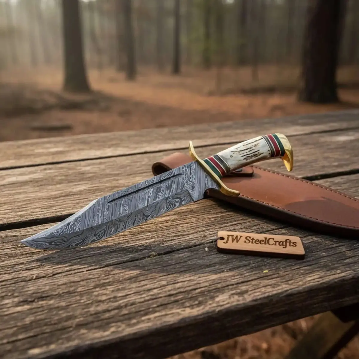 Coffin Handle Damascus Clip Point Bowie Knife With Stag Horn And Brass Guard – Handmade Jw Steelcrafts 1