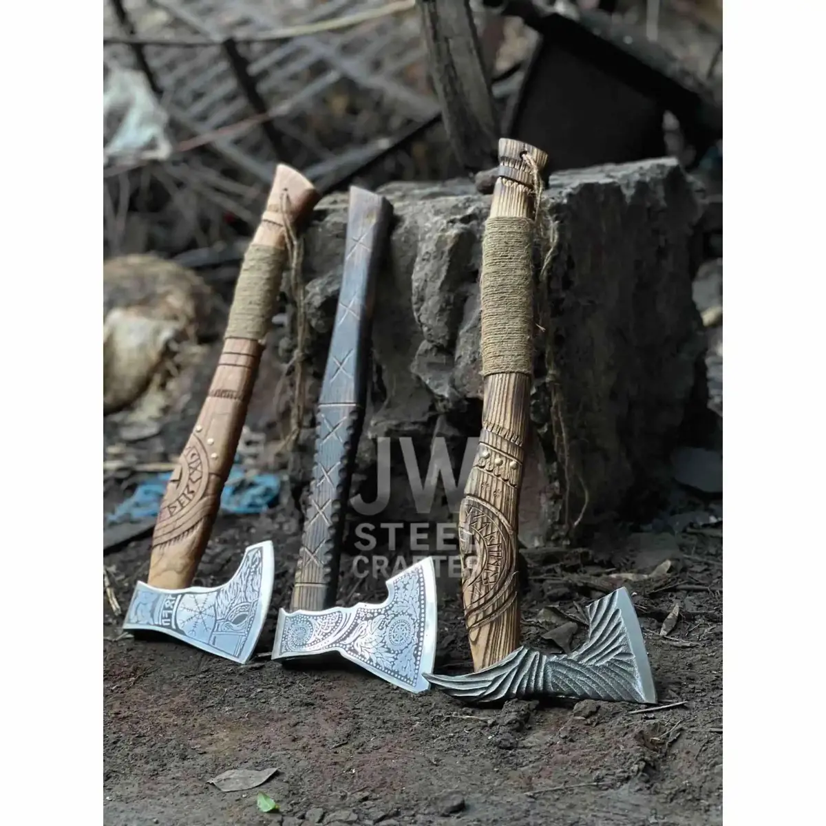 Norse Viking Axe Set With Engraved Steel Heads And Carved Hardwood Handles 1