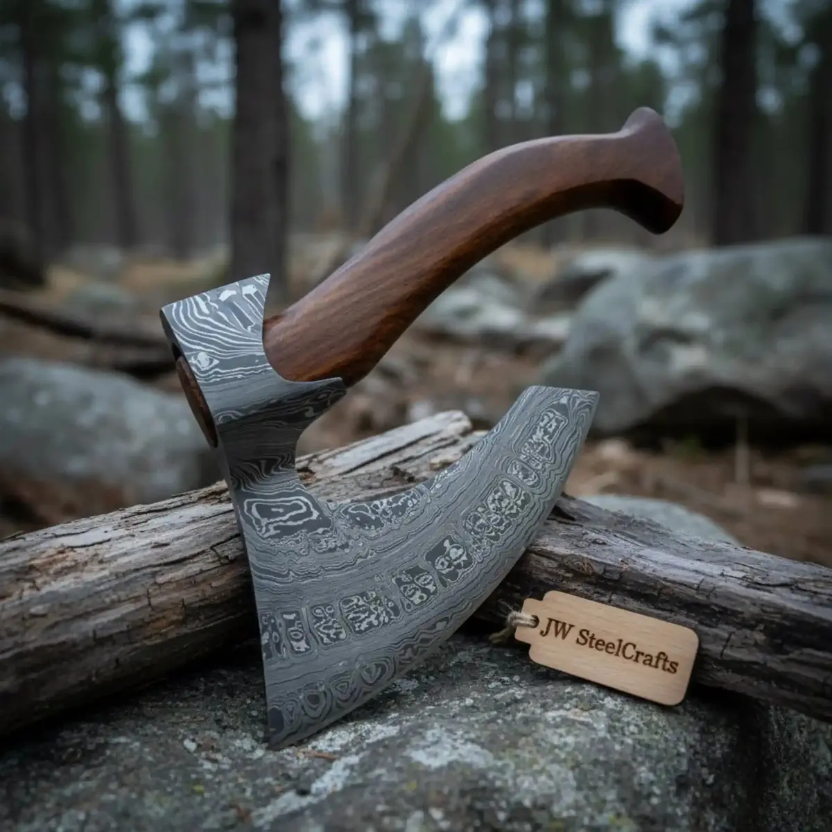 Compact Damascus Camping Hatchet With 14” Rosewood Handle 1