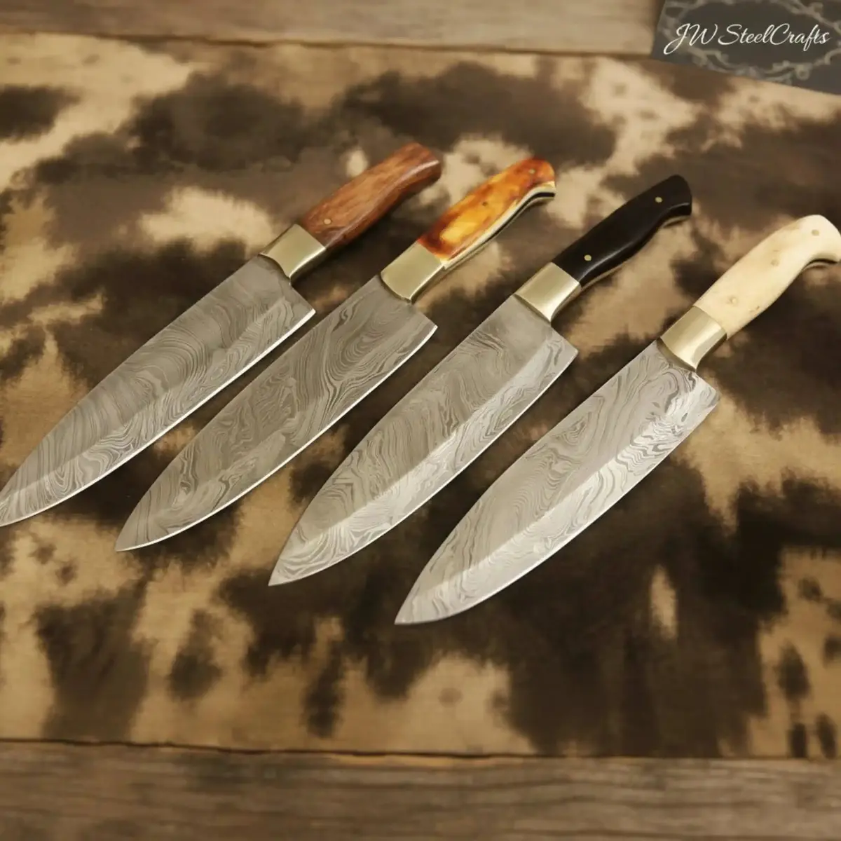 Handmade Damascus Chef Knife Set With Mixed Handles And Brass Bolsters 1