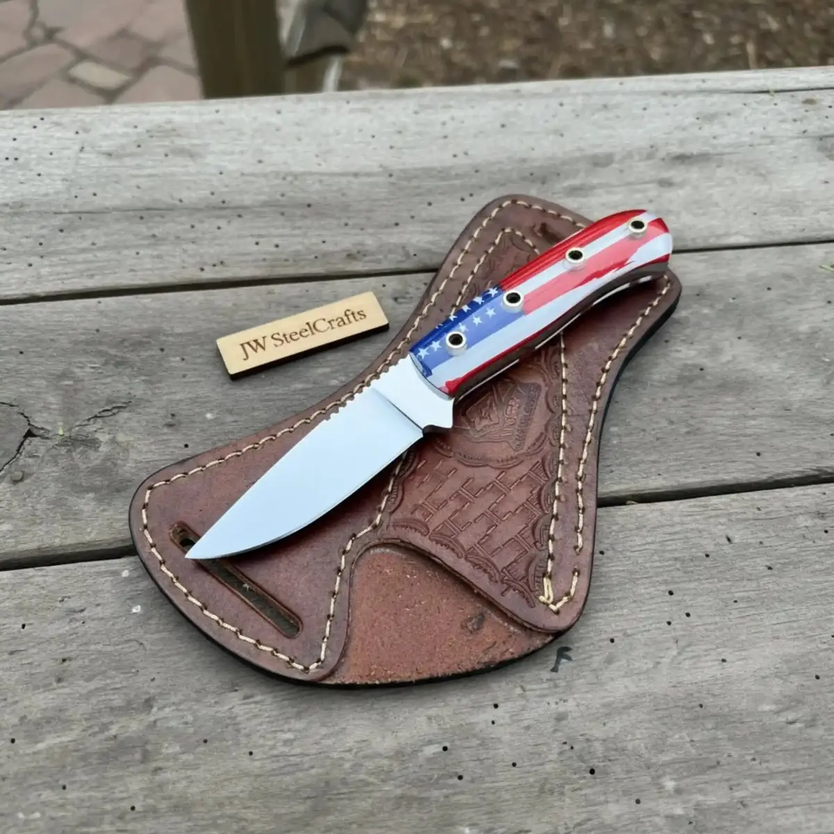 Custom Fixed Blade Knife – Drop Point Outdoor Edc With Usa Flag Handle And Leather Sheath 1