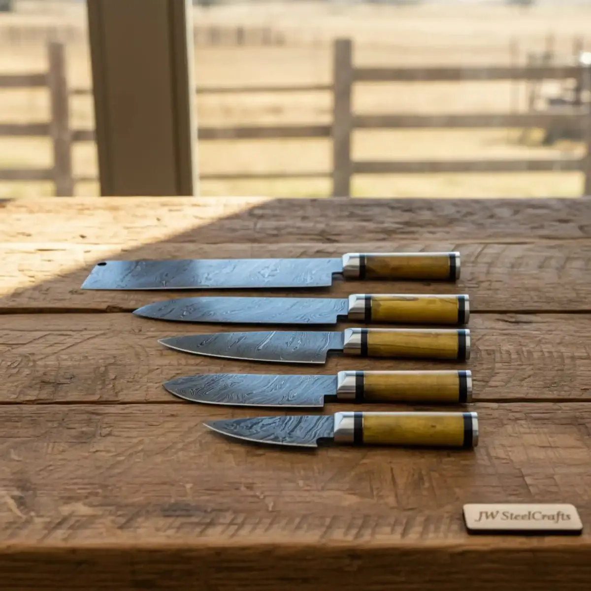 Custom Forged Damascus 5-Knife Chef Set — Olive Wood Handles, Pro Grade 1