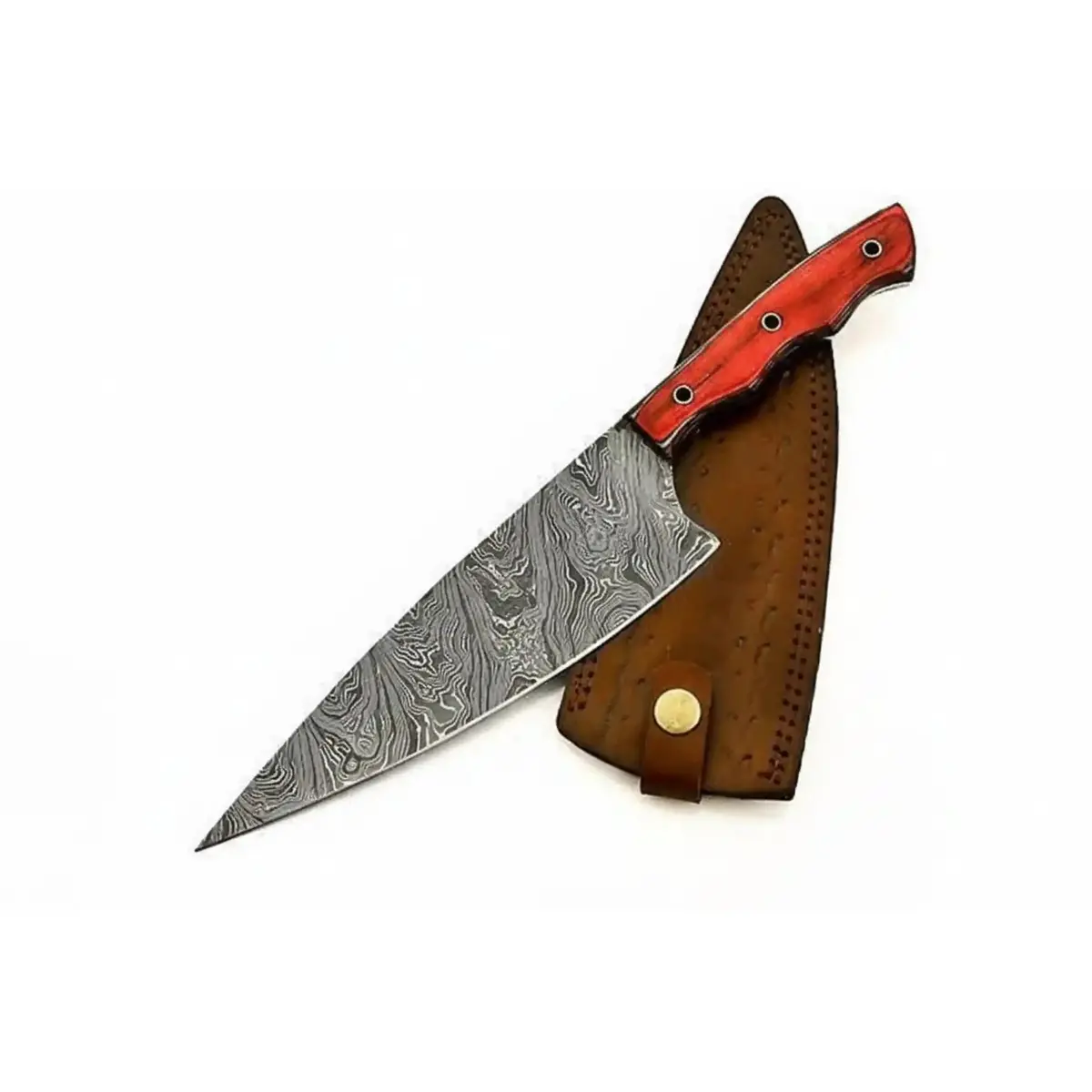 Custom Forged Damascus Camp Chef Knife — Traditional German Butcher-Style Blade With Red Wood Handle 1