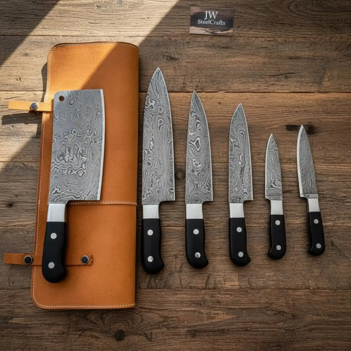 Custom Forged Damascus Culinary Knife Set — Matched Full-Tang Blades With Leather Storage Roll 1