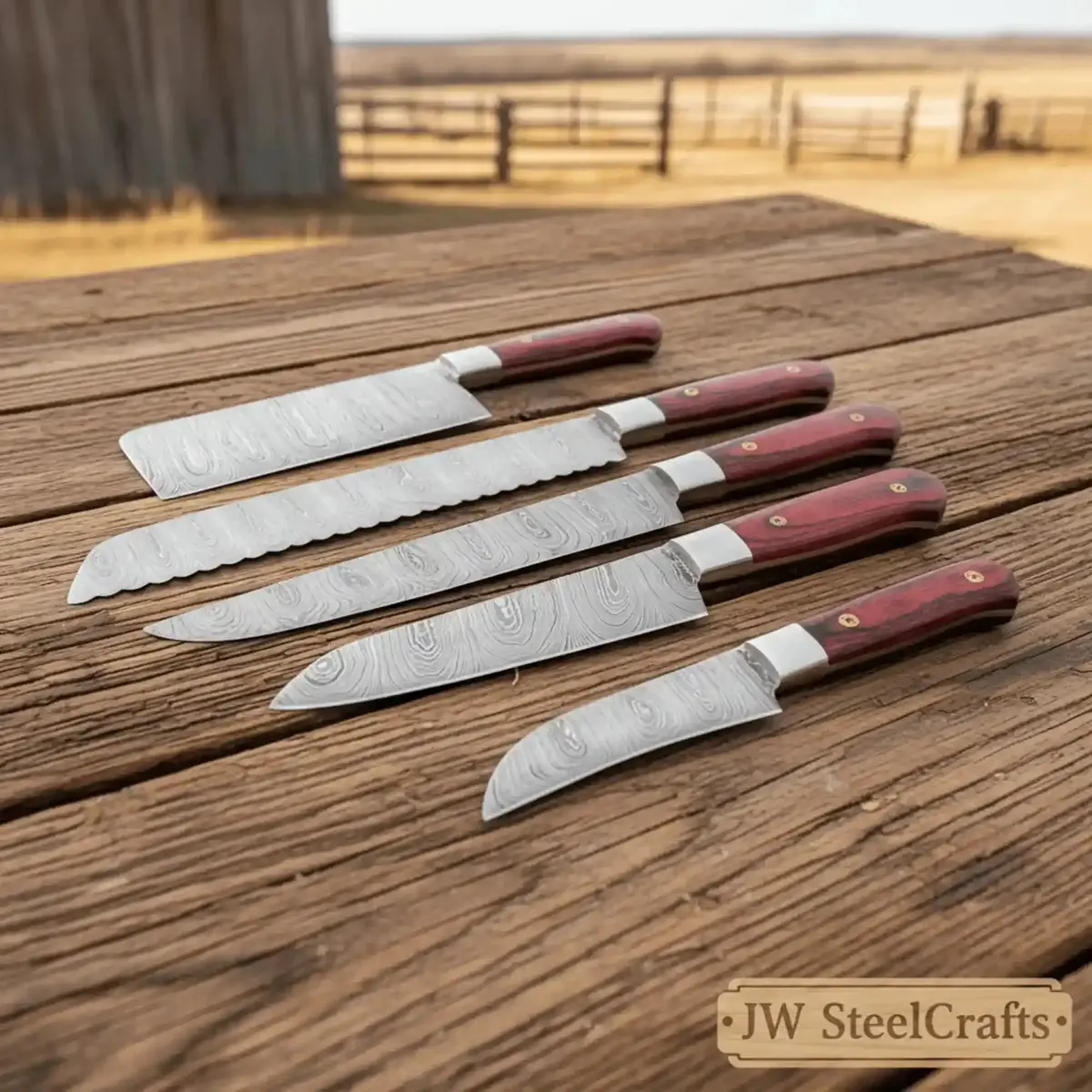 5-Piece Handcrafted Damascus Steel Knife Set: Cleaver, Bread, Chef, Utility, Paring 1