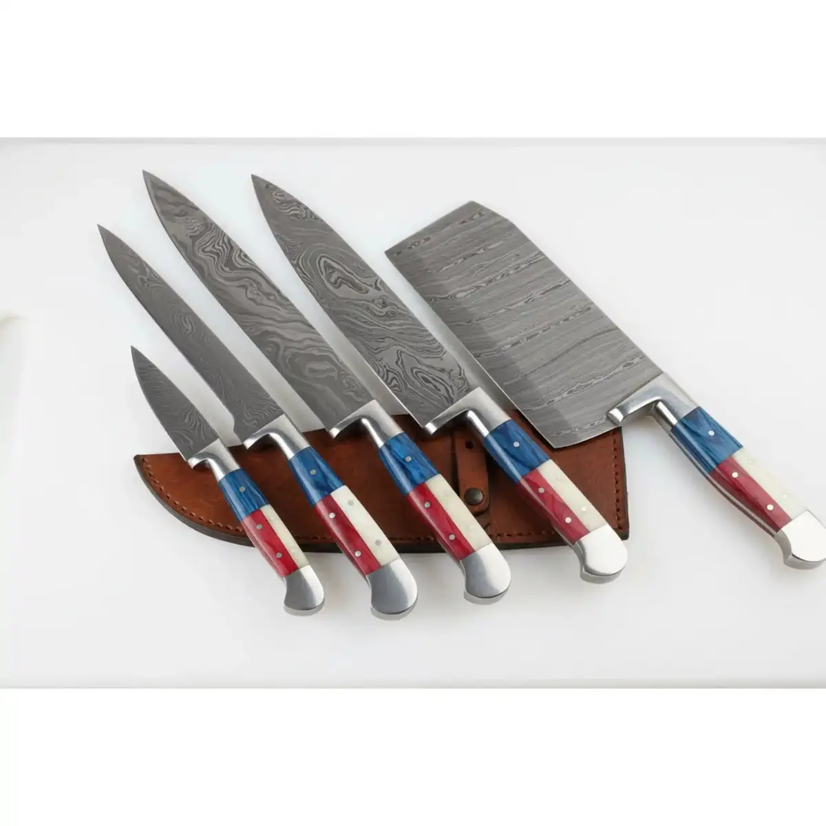 Custom Forged Damascus Kitchen Set With Matching Butcher Cleaver 1