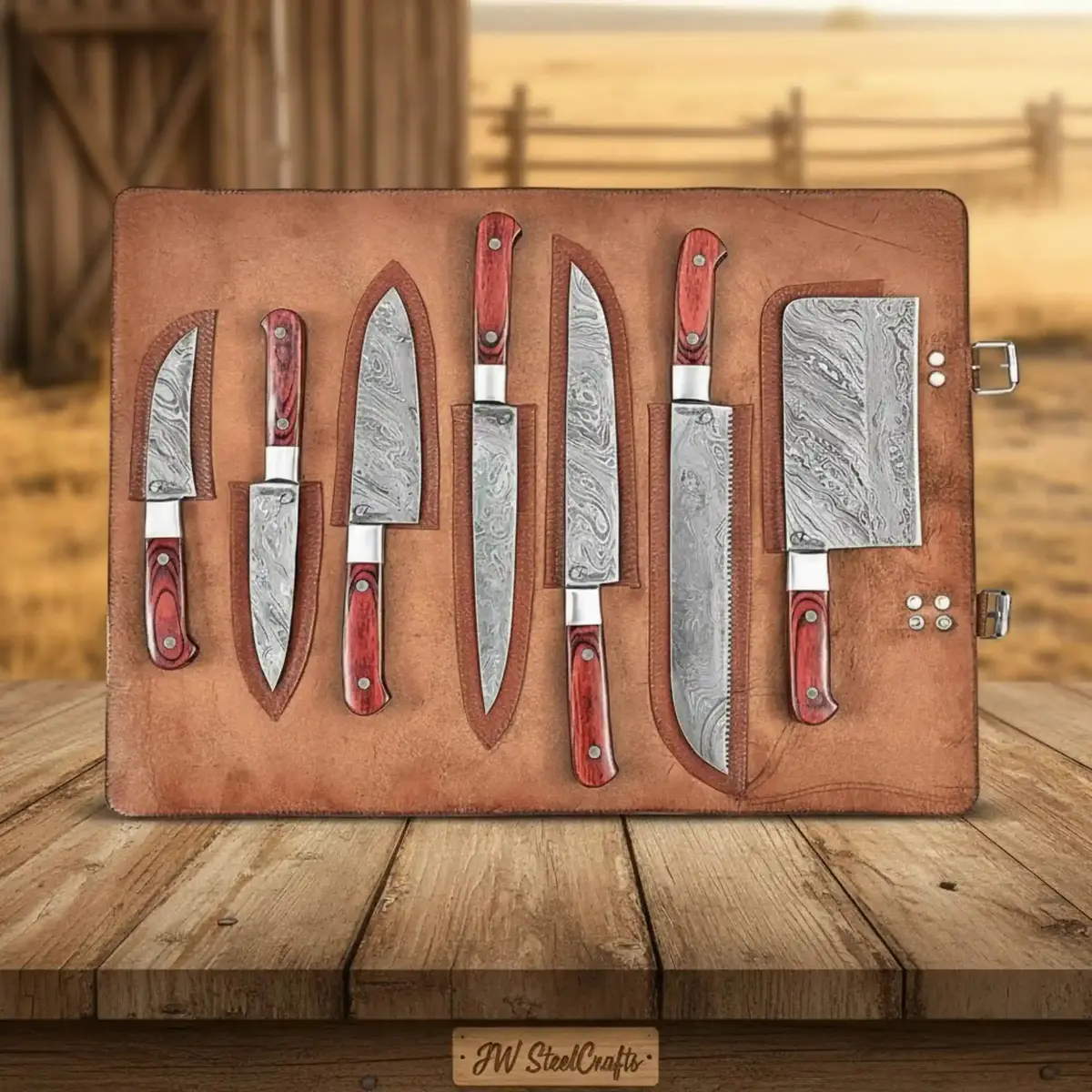 Custom Forged Damascus Multi-Knife Set | Chef Knife, Cleaver, Skinner, Utility | Leather Travel Roll 1