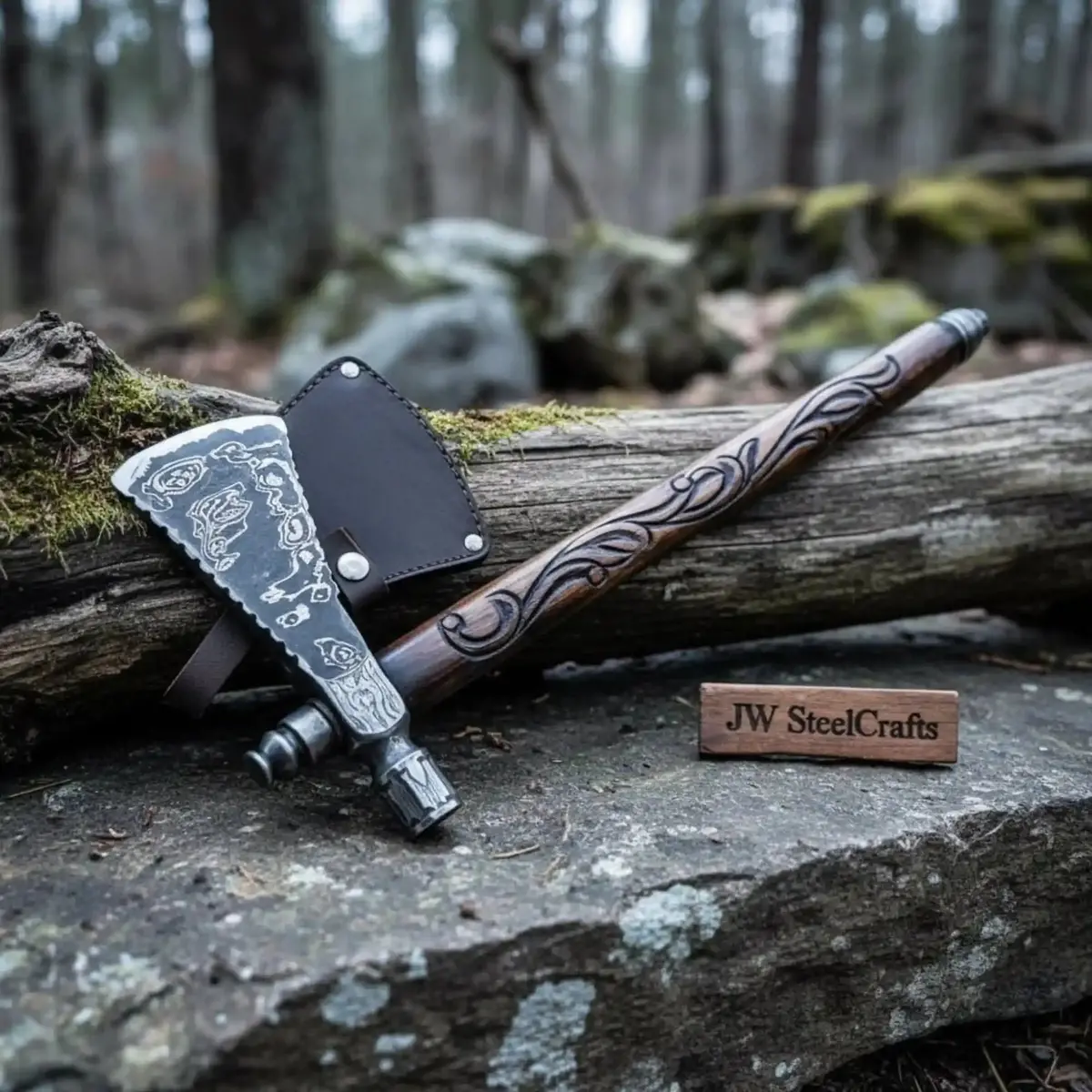 Custom Hand Forged Damascus Steel Smoking Axe – Functional Pipe Axe With Carved Hardwood Shaft 1