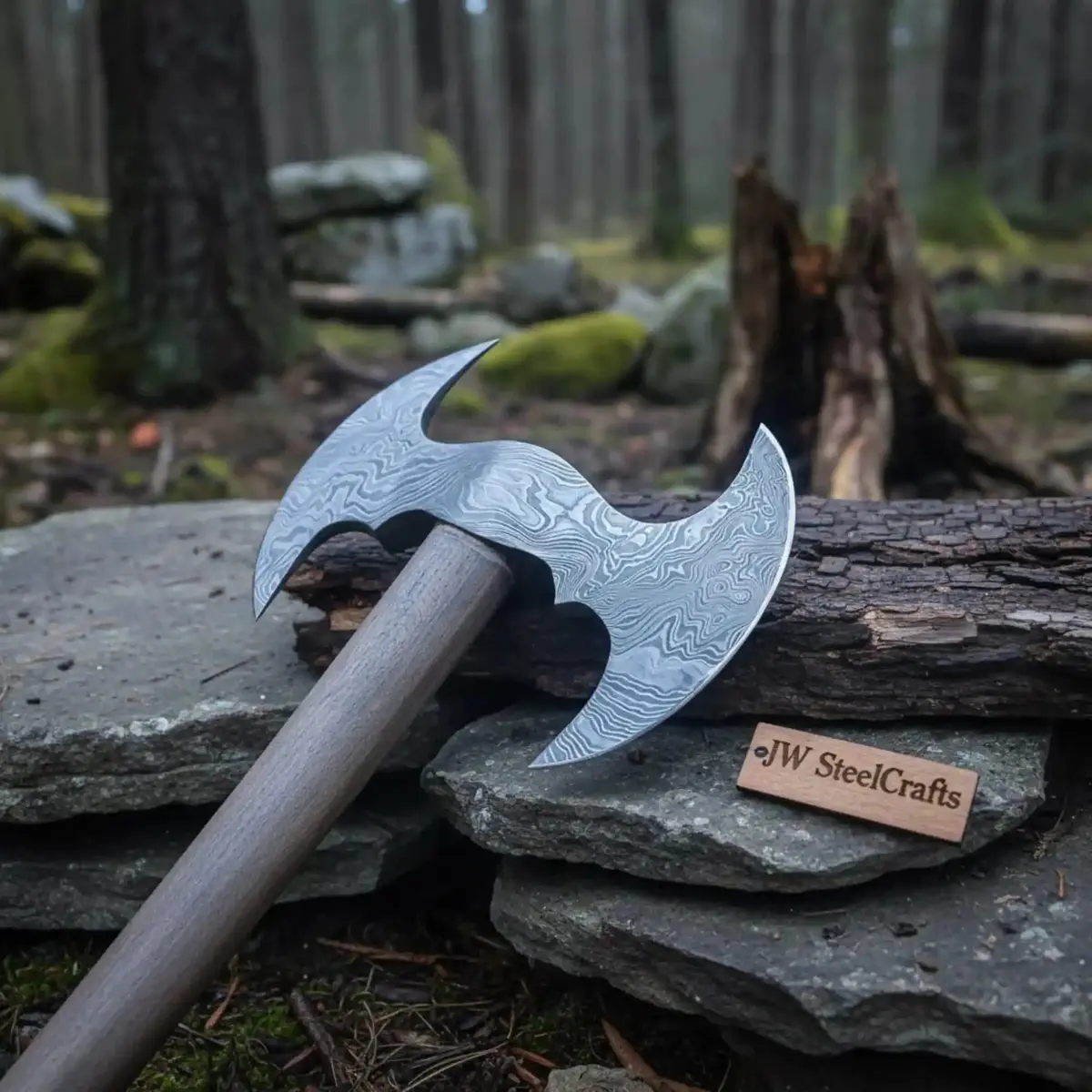 Custom Hand Forged Damascus Steel Viking Double Bit Throwing Axe With Hardwood Handle And Leather Sheath | Jw Steelcrafts 1