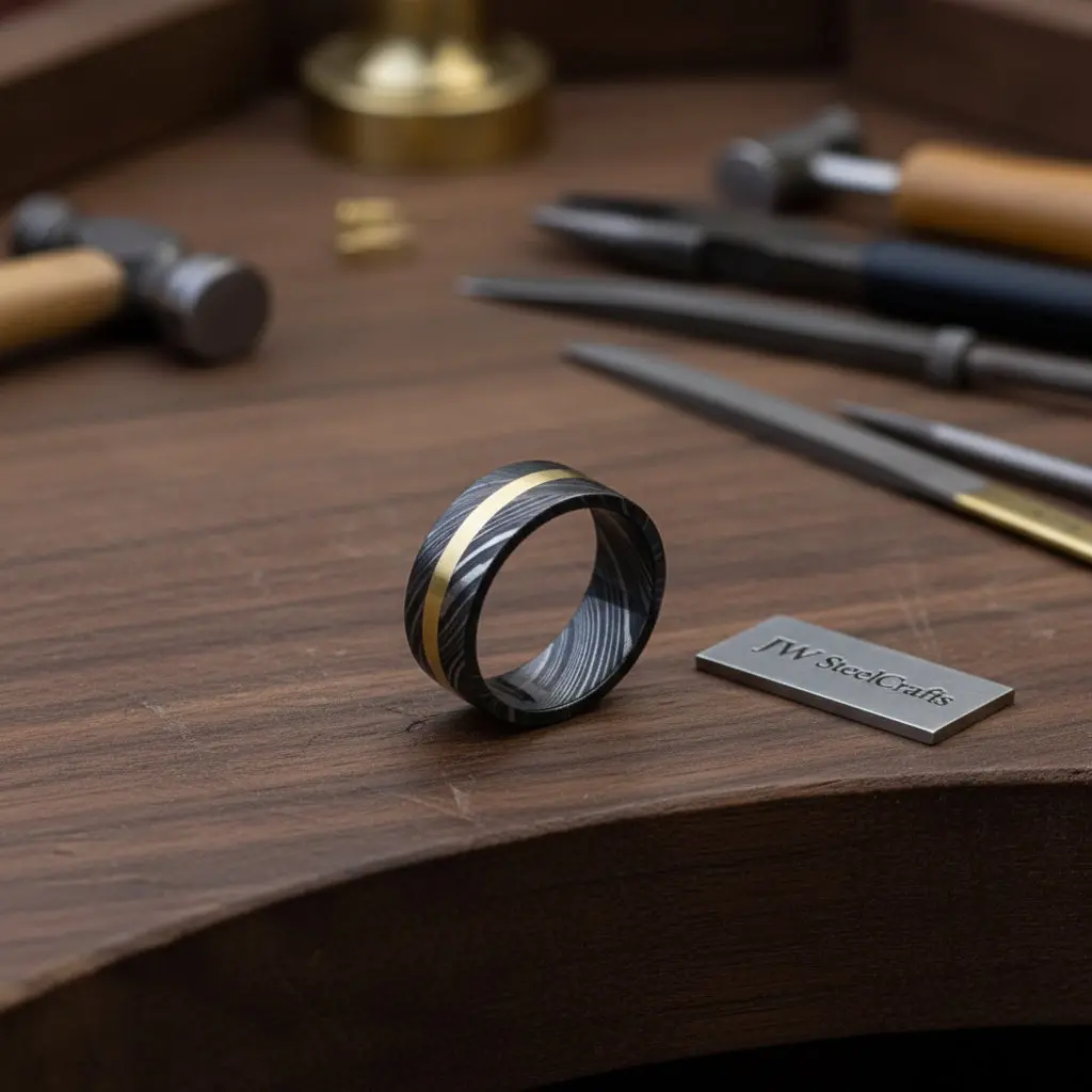 Mens Damascus Steel Wedding Band With Brass Inlay Handmade Ring 1