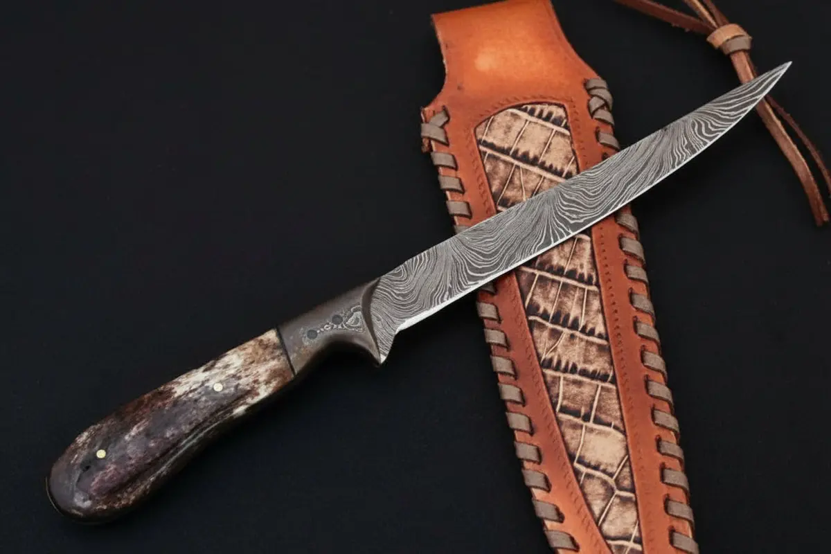 Custom Handmade Damascus Steel Boning Knife With Colour Bone Handle  With Leather Sheath Dk-0045 1