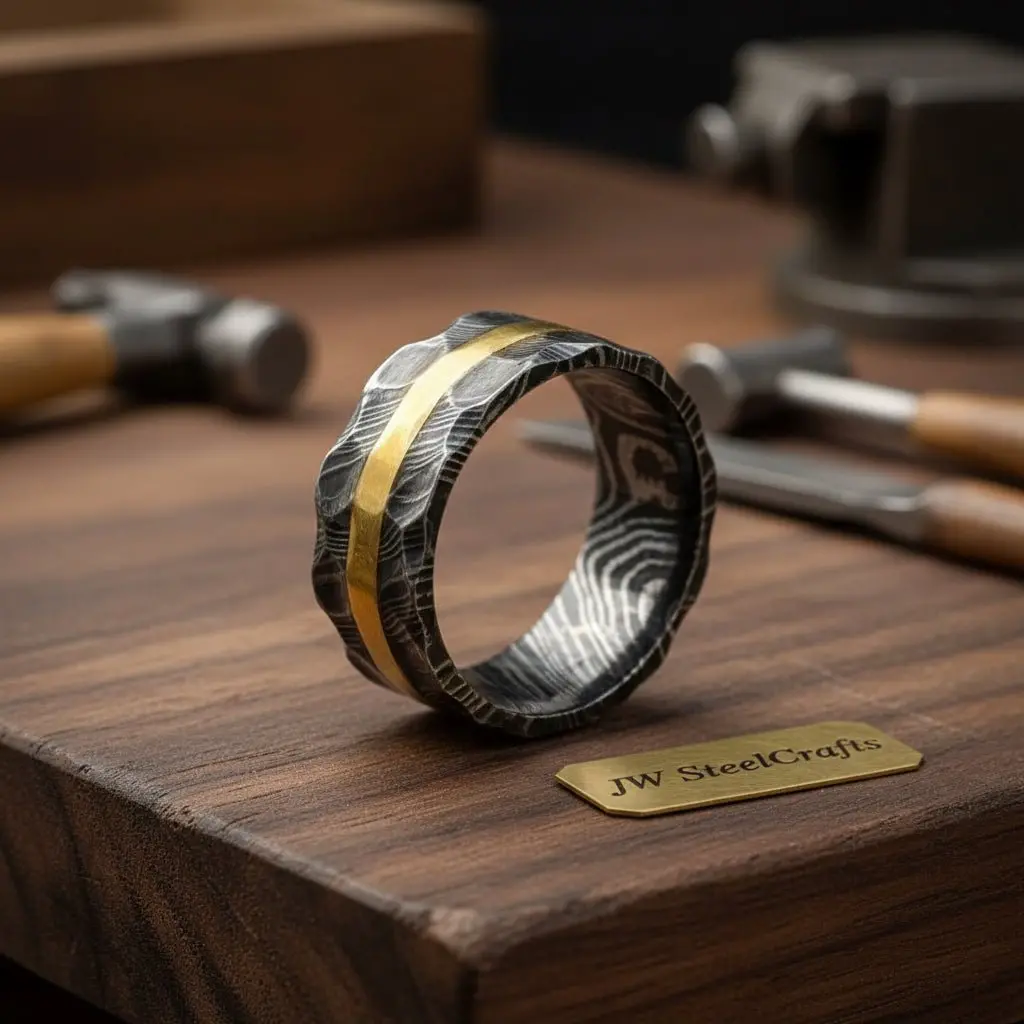 Mens Damascus Steel Wedding Band Hammered Finish With Brass Inlay 1