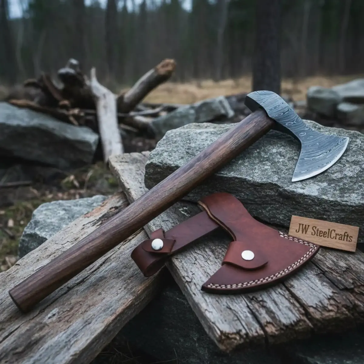 Custom Handmade Damascus Steel Burl Wood Axe Hatchet Tomahawk 1