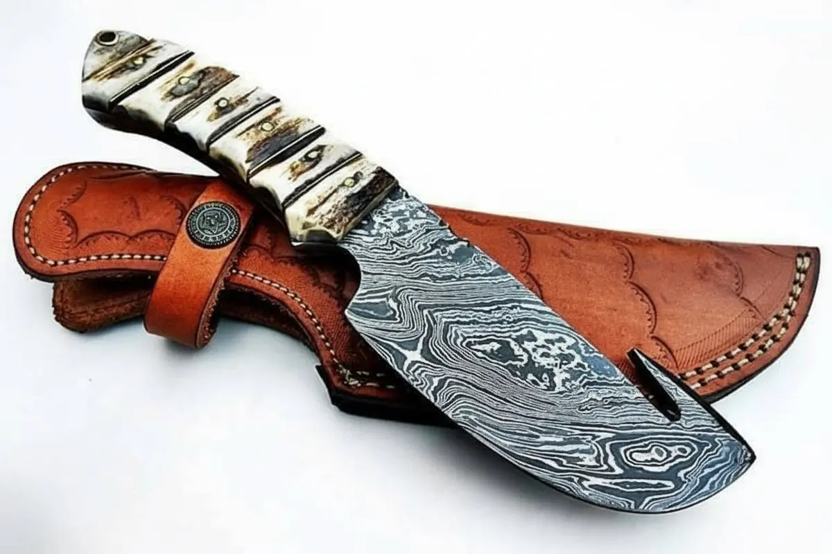 9' Handmade Damascus Skinner Knife With Stag Bone Handle And Gut Hook Blade 1