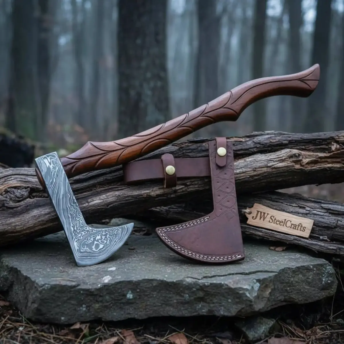 Custom Handmade Damascus Steel Viking Axe With Pure Leather Sheath 1