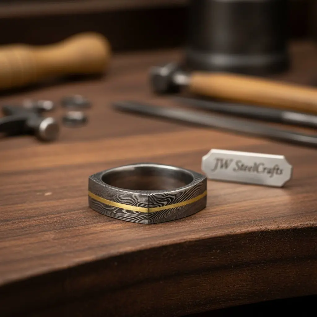 Damascus Steel Wedding Ring Faceted Band With Brass Inlay 1