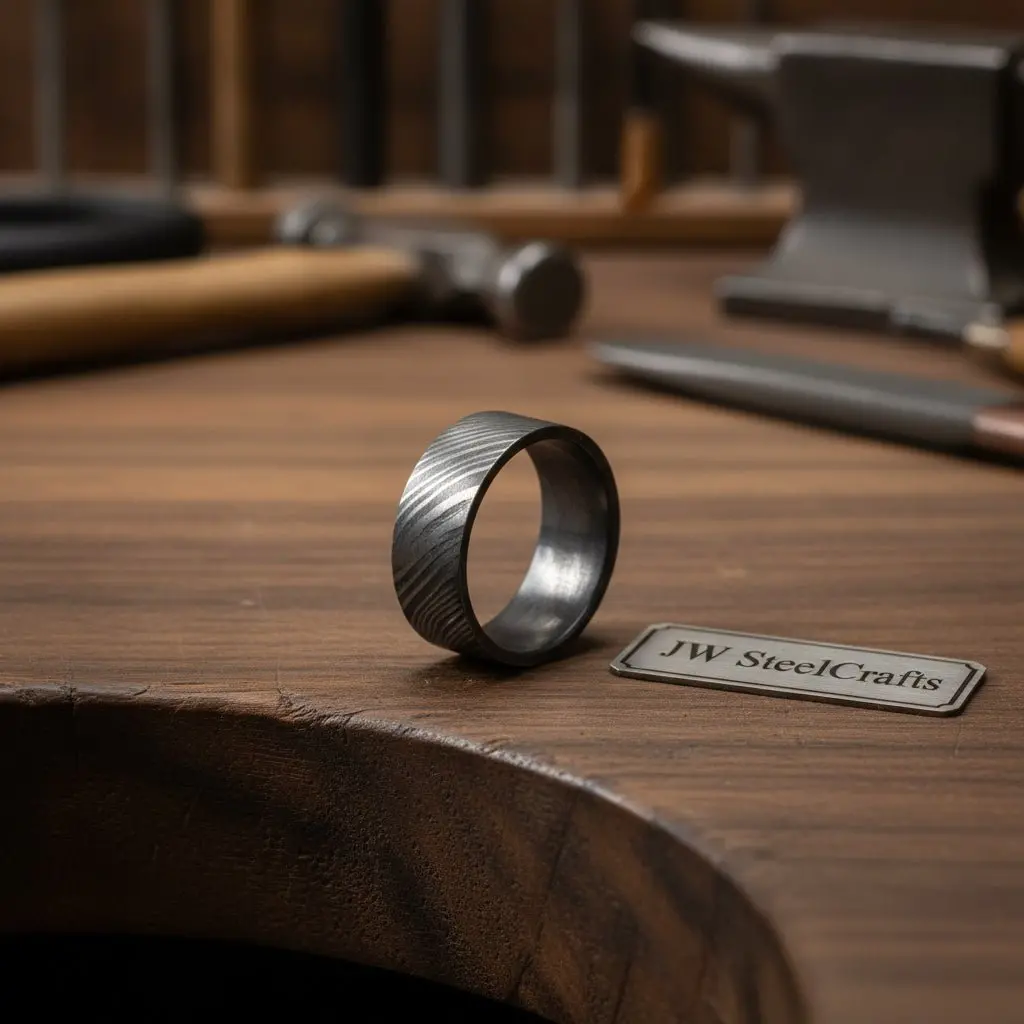 Mens Wide Damascus Steel Wedding Band Thick Handmade Pattern Ring 1