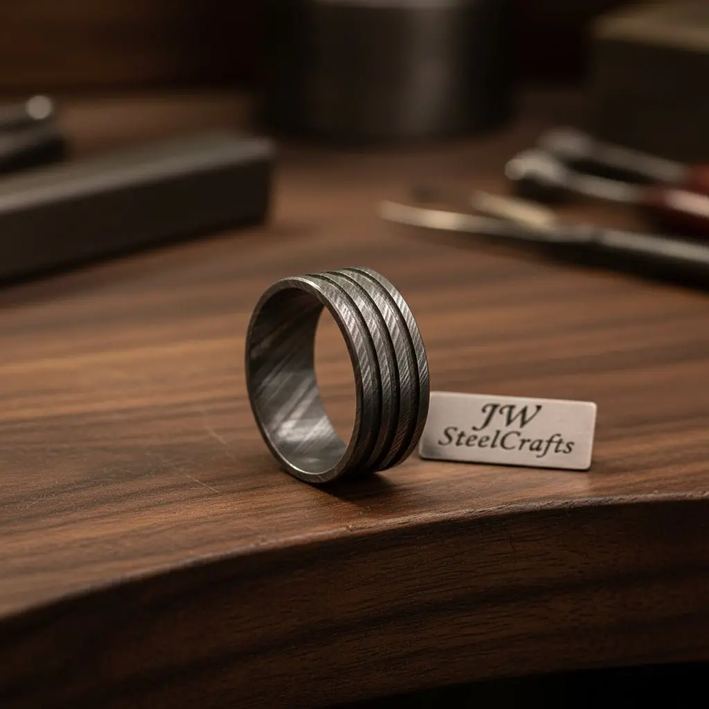 Mens Damascus Steel Wedding Band Wide Triple Groove Pattern Ring 1