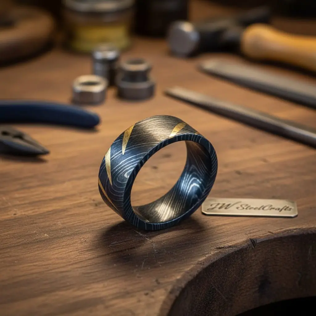 Mens Damascus Steel Wedding Band Wide Ring With Gold Inlay 1