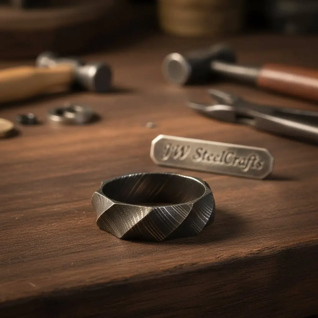Mens Damascus Steel Faceted Wedding Band Handmade Geometric Ring 1