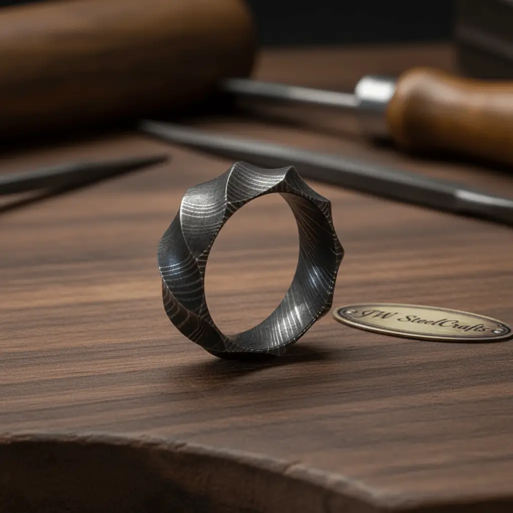 Mens Damascus Steel Faceted Wedding Band Handmade Geometric Ring 3